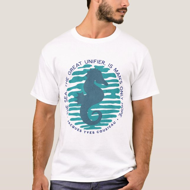 Camiseta Dia da Terra, Cavalo do Mar e Ondas, Limpar o Ocea (Frente)
