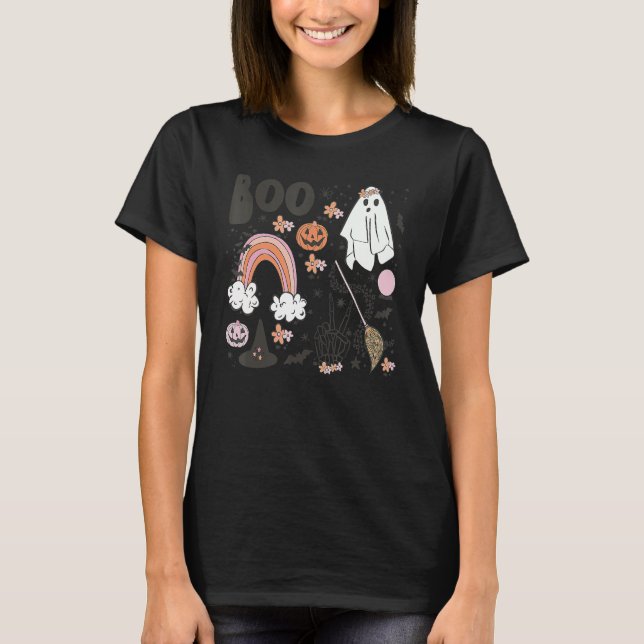 Camiseta Dia das Bruxas Arrepia Esqueleto Arco-íris Abóbora (Frente)