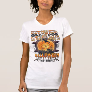 Camiseta Dia das Bruxas Feliz Pesca Gatos Pretos Abóboras C