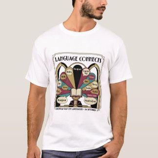 Camiseta Dia das Línguas Livro Art Déco Saudações Poliglota