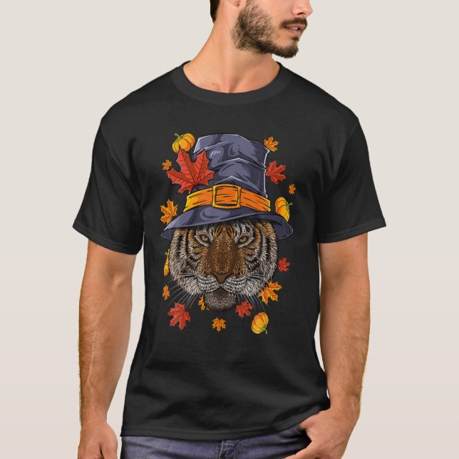 Camiseta Dia de Ação de Graças Tiger Pilgrim Fall outono (Frente)