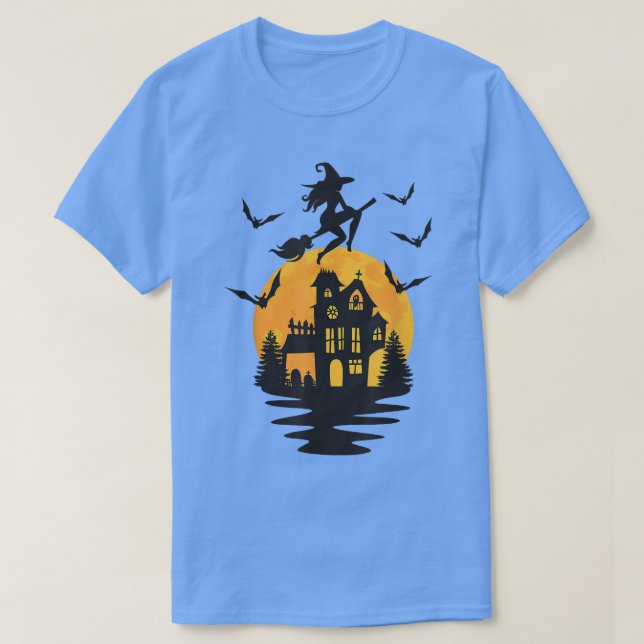 Camiseta Dia de as Bruxas engraçado Bruxa Voadora Vassoura  (Frente do Design)