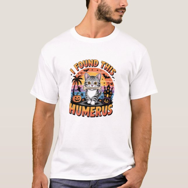Camiseta Dia de as Bruxas engraçado Cat Pun Skeleton Bone H (Frente)