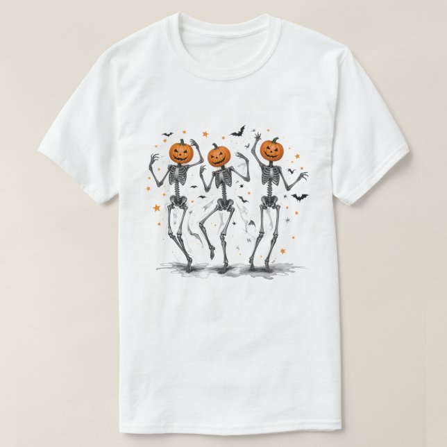 Camiseta Dia de as Bruxas engraçado Pumpkin Dancing Skeleto (Frente do Design)