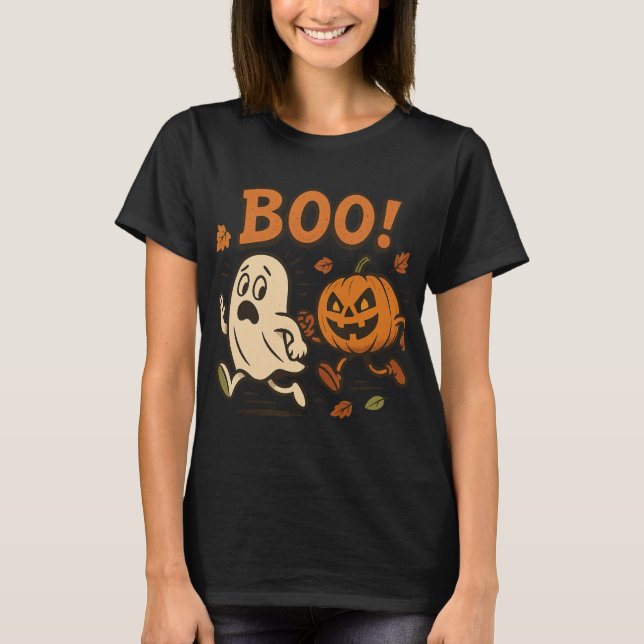Camiseta Dia de as Bruxas engraçado Pumpkin perseguindo fan (Frente)