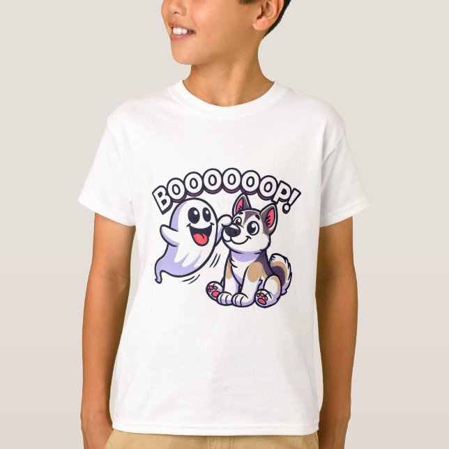 Camiseta Dia de as Bruxas engraçado Rouco Fantasma Cachorro (Frente)