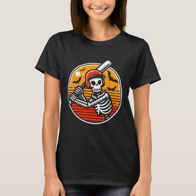 Camiseta Dia de as Bruxas engraçado Skeleton Baseball Playe (Frente)
