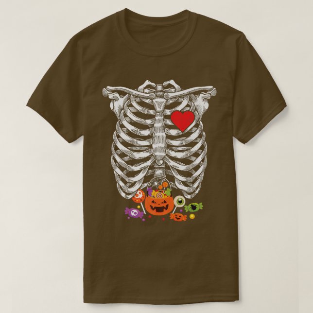 Camiseta Dia de as Bruxas engraçado Skeleton Rib Cage Candy (Frente do Design)