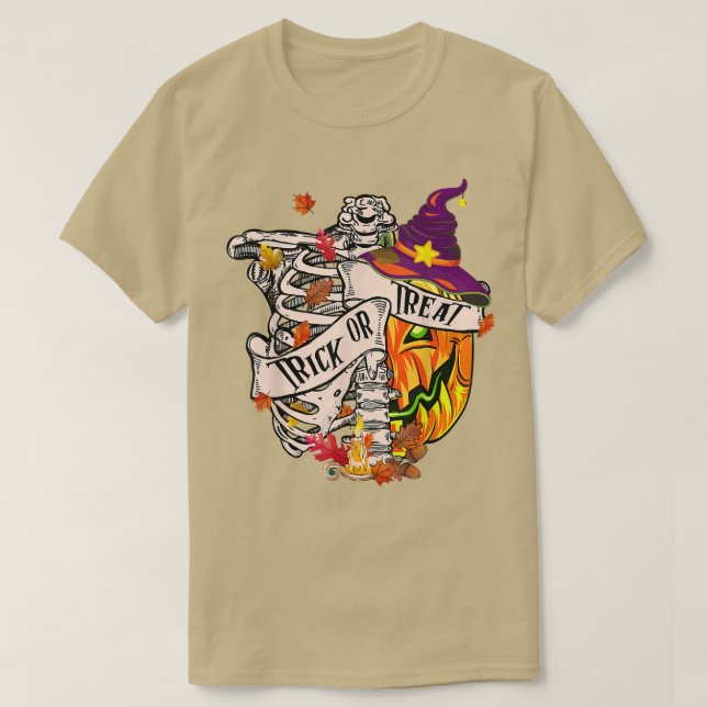 Camiseta Dia de as Bruxas engraçado Skeleton Trick Ou Trata (Frente do Design)