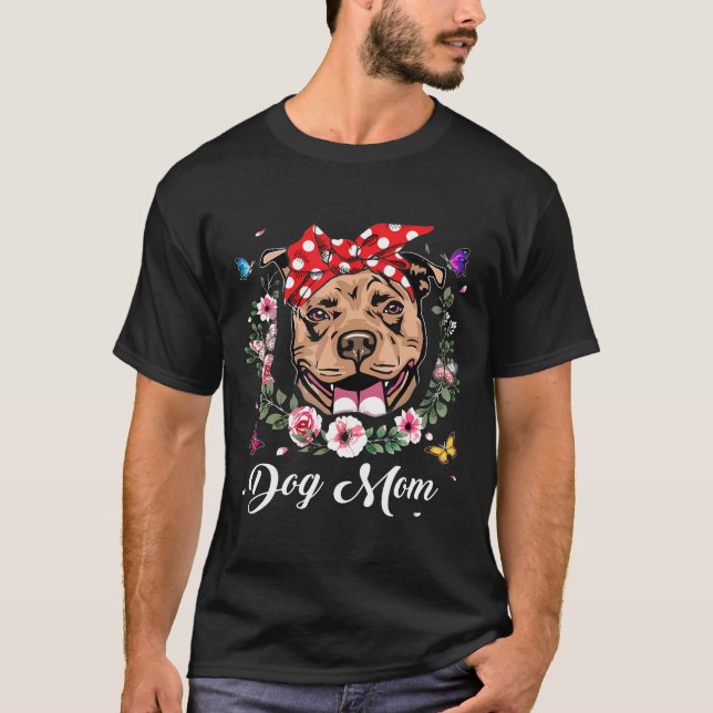 Camiseta Dia de as mães Gráfico de Flores da Mamãe Pitbull (Frente)