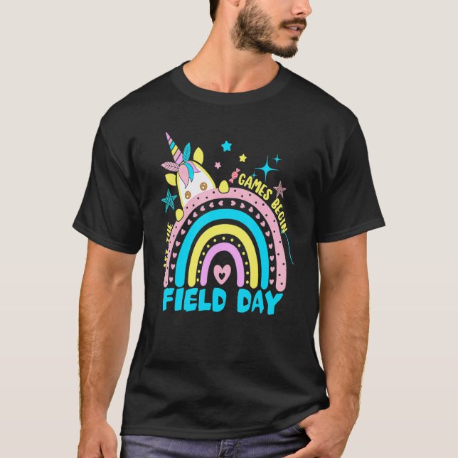 Camiseta Dia de Campo Os Jogos Começam Cores Arco-íris Meni (Frente)