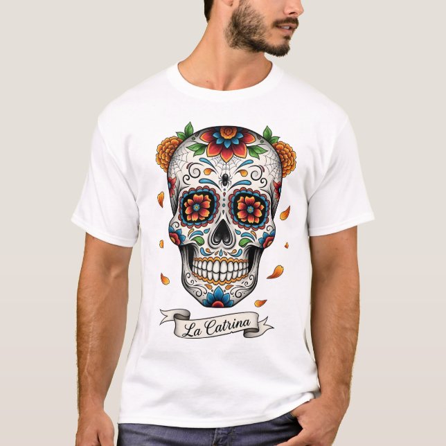Camiseta Dia de los muertes crânio. Dia Mexicano dos Mortos (Frente)