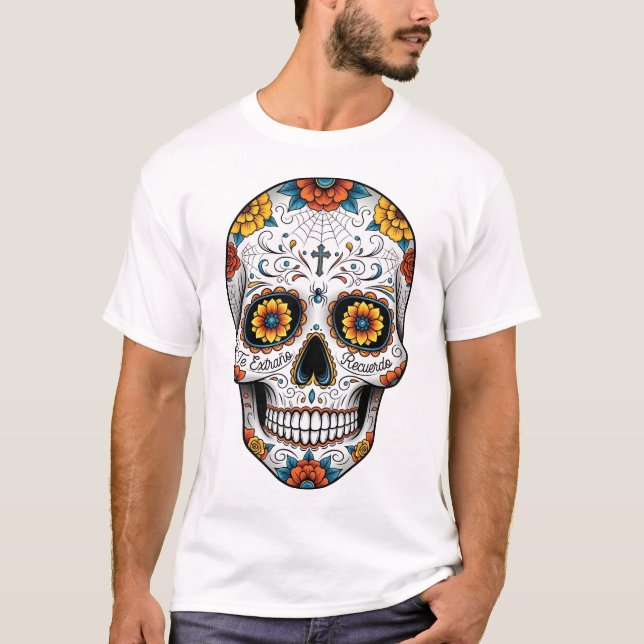 Camiseta Dia de los muertes crânio. Dia Mexicano dos Mortos (Frente)