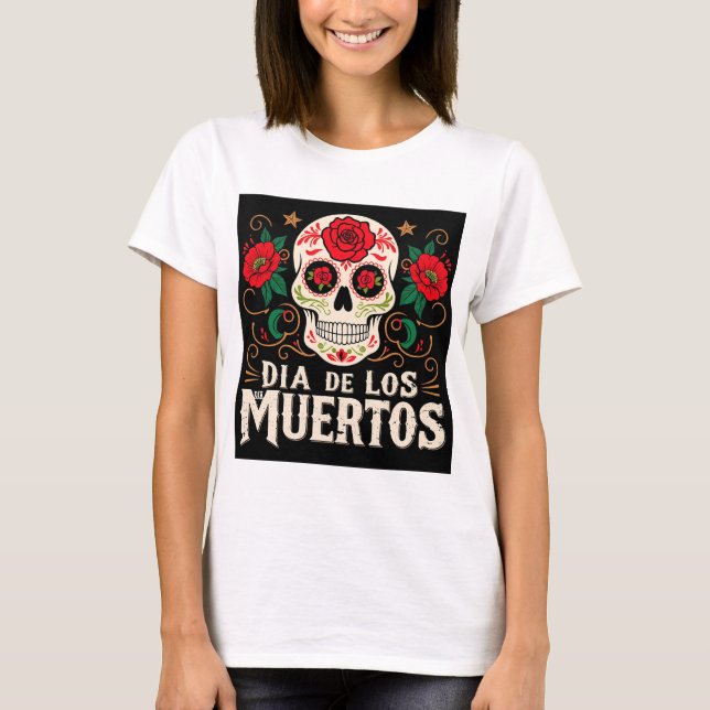 Camiseta Dia de los muertos crânio e flores (Frente)