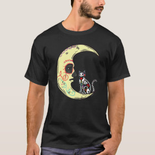 Camiseta Dia De Los Muertos Lua Açúcar Gato Esqueleto Raio