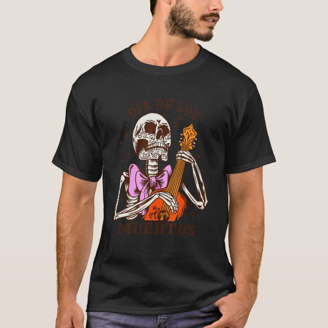 Camiseta Dia De Los Muertos Skeleton Colourful Bow Music Gu (Frente)