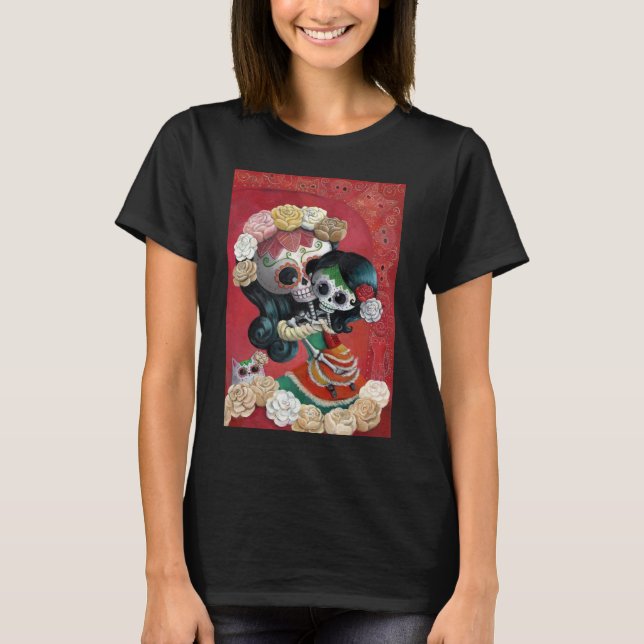Camiseta Dia de Los Muertos Skeletons Mãe e Filha (Frente)