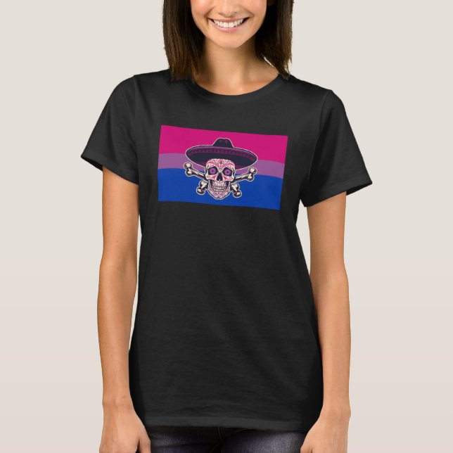 Camiseta Dia De Los Muertos Sugar Skull Bisexual Pride Flag (Frente)