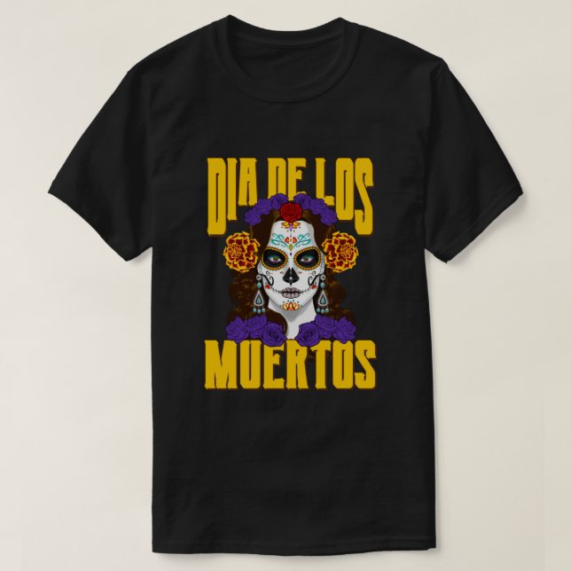 Camiseta Dia De Los Muertos Texto Marigold Catrina Dia do D (Frente do Design)