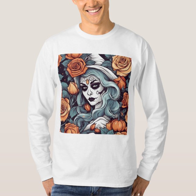 Camiseta Dia de los Muertos Witch e Beleza Floral (Frente)