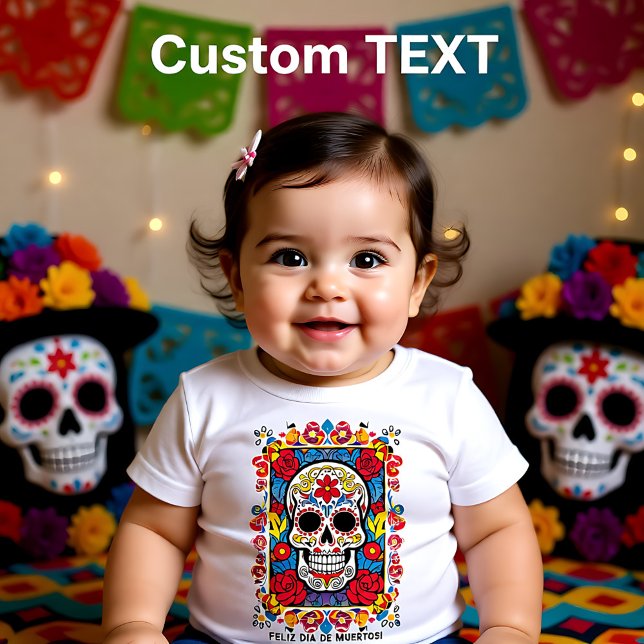 Camiseta Dia de Muertos Crânio de açúcar personalizado (Custom text Dia de Muertos Sugar skull Baby T-Shirt)
