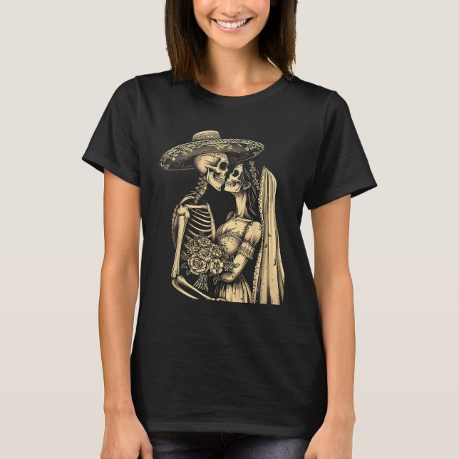 Camiseta Dia De Muertos Sugar Skull Casal Skeleton Bride W (Frente)