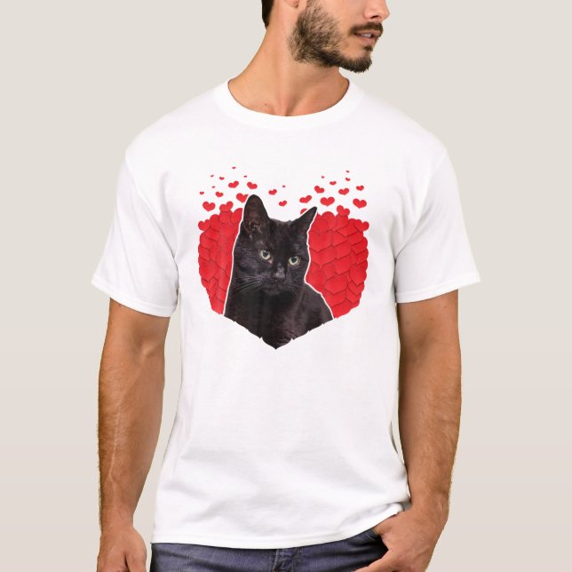 Camiseta Dia de os namorados Com Um Gato Preto No Gato Fron (Frente)