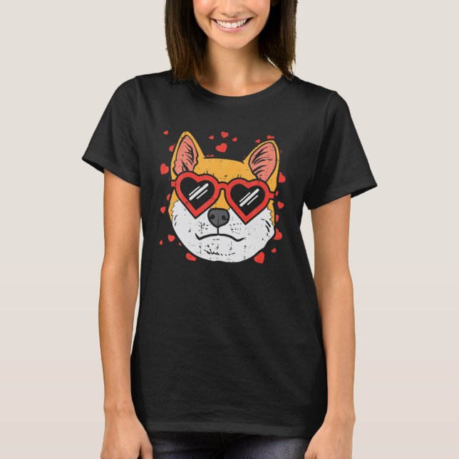 Camiseta Dia de os namorados de Óculos Cardíacos Shiba Inu  (Frente)