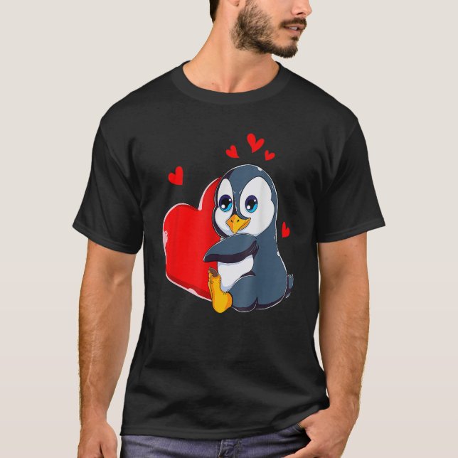 Camiseta Dia de os namorados Pinguim Bonito Segurando Meu C (Frente)