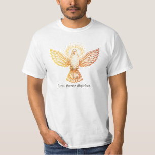 Camiseta Dia de Pentecostes Fogo Asas Pássaro Dourado Chama