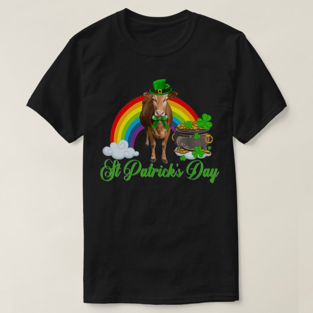 Camiseta Dia de São Patrício Arco-Íris Cow Shamrock (Frente do Design)