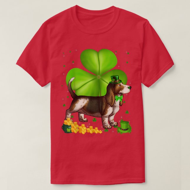 Camiseta Dia de São Patrício Basset Hound Shamrock Pet Love (Frente do Design)