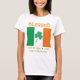 Camiseta Dia de São Patrício BEM Fé Esperança Amor Shamrock