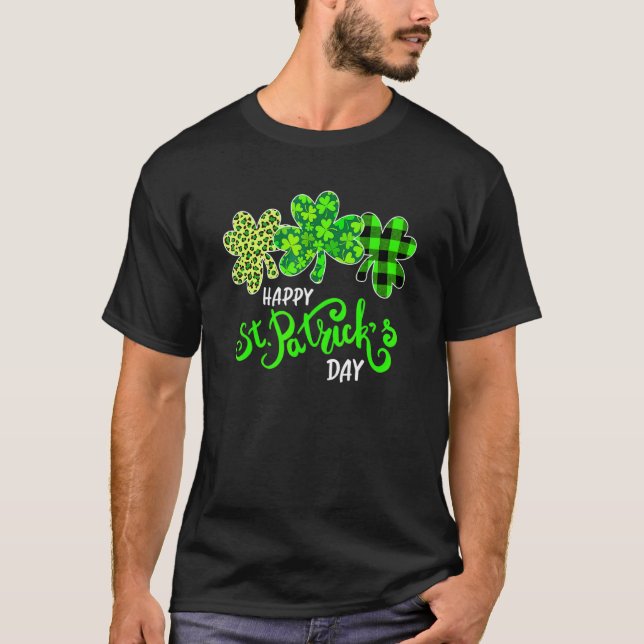 Camiseta Dia de São Patrício de Shamrock Leopardo Xadrez Ve (Frente)