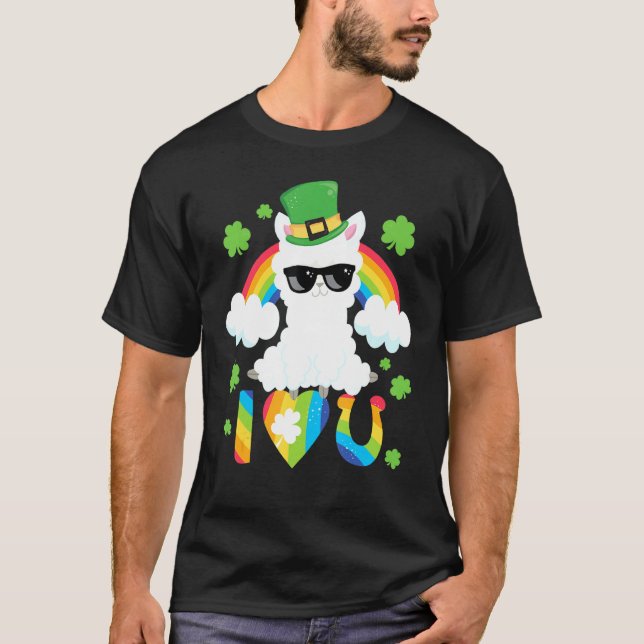 Camiseta Dia de São Patrício Eu Te Amo Llama Rainbow Heart  (Frente)