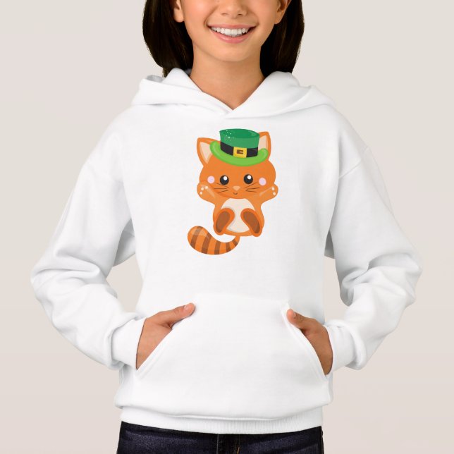 Camiseta Dia de São Patrício, Gato Laranja, Chapéu Leprecha (Frente)