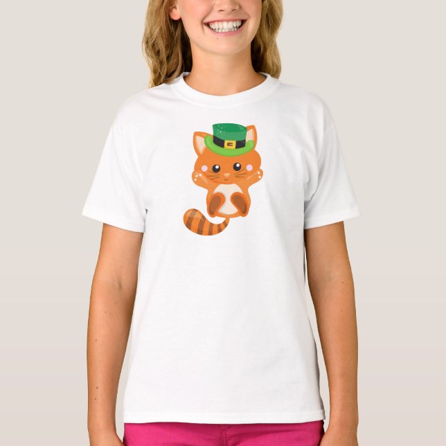Camiseta Dia de São Patrício, Gato Laranja, Chapéu Leprecha (Frente)