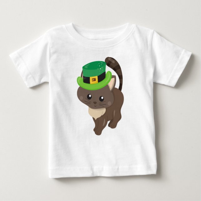Camiseta Dia de São Patrício, Gato Marrom, Chapéu Leprechau (Frente)