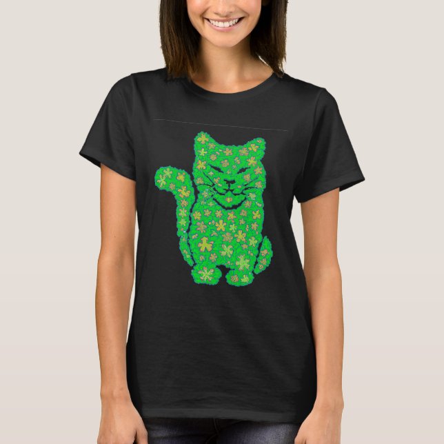 Camiseta Dia de São Patrício Gato Silhouette Green Shamrock (Frente)