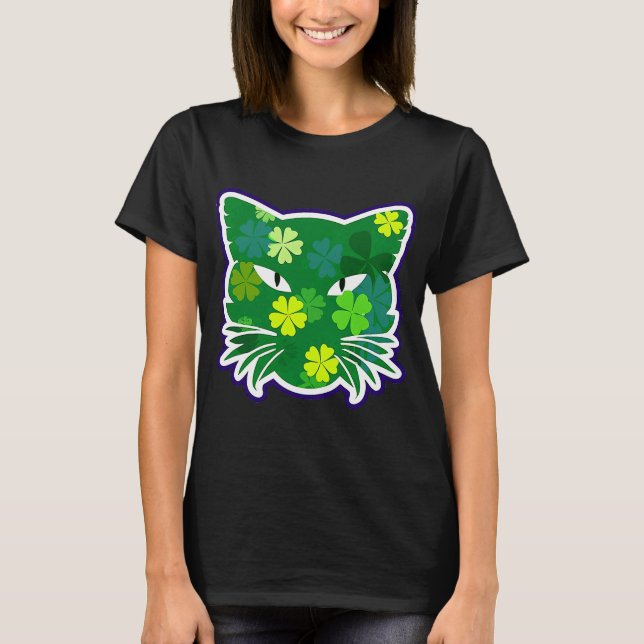 Camiseta Dia de São Patrício Gato Silhouette Green Shamrock (Frente)