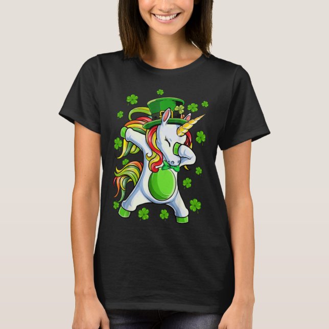 Camiseta Dia de São Patrício Girls Dabbing Unicorn Leprecha (Frente)