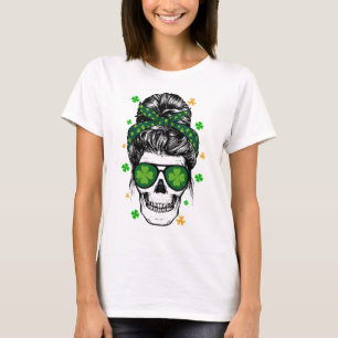 Camiseta Dia de São Patrício Skull Messy Bun Santo Pattys P