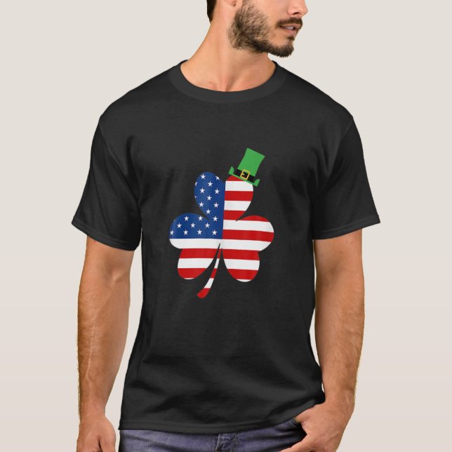Camiseta Dia de São Patrício T , Irish American Flag Shamro (Frente)