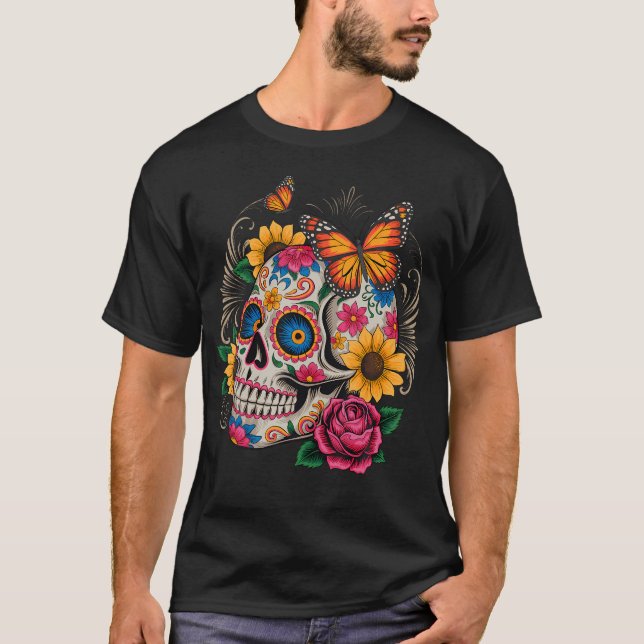 Camiseta Dia De Skull Borboleta Dia Dos Mortos Halloween (Frente)