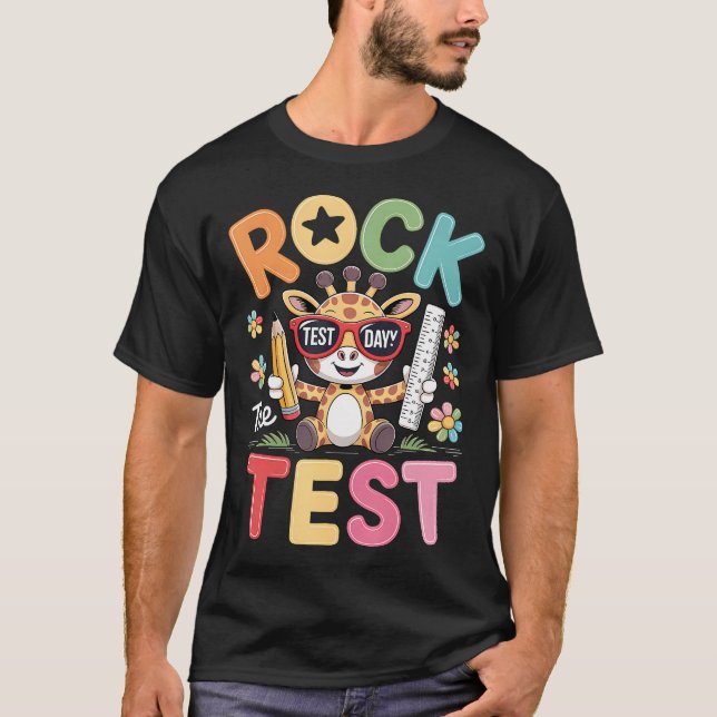 Camiseta Dia de Teste de Rocha Girafa Divertida Exame Dia d (Frente)