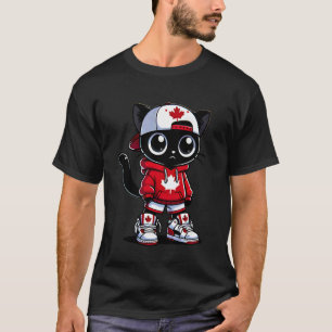 Camiseta Dia Divertido do Canadá Gato Preto Fofo Bandeira d