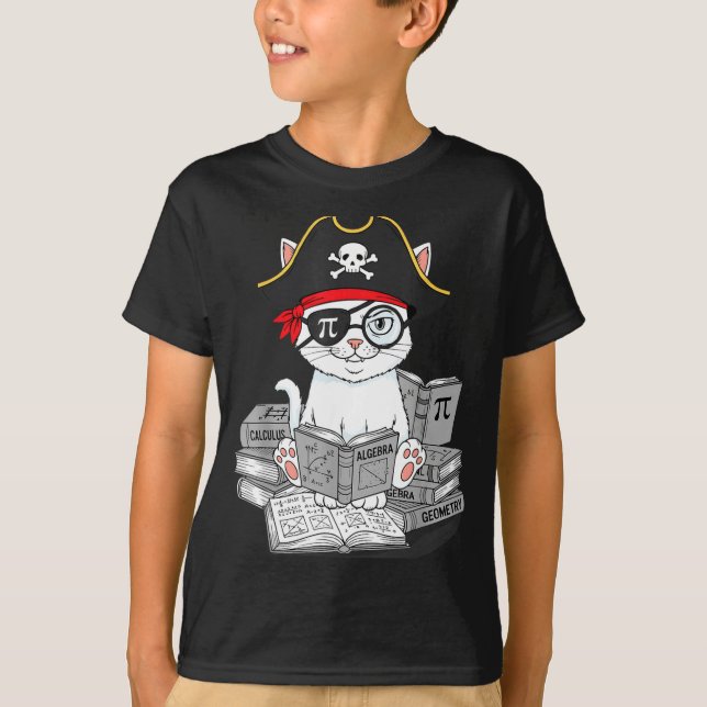 Camiseta Dia do Pi Gato Nerd de Matemática Pirata Professor (Frente)