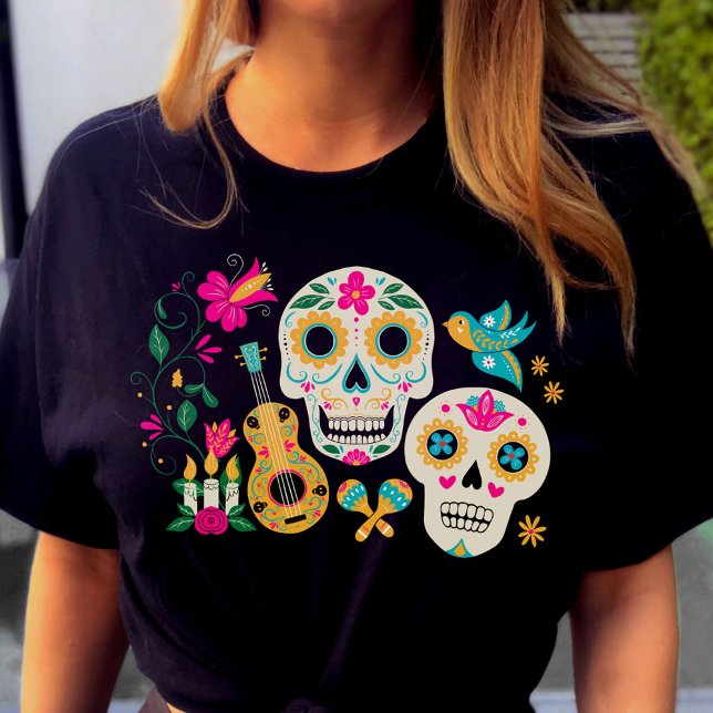 Camiseta Dia do Tema Morto Câncer de Açúcar (Day of the Dead Sugar Skulls T-shirt with mexican theme from my Dia de los Muertos collection)