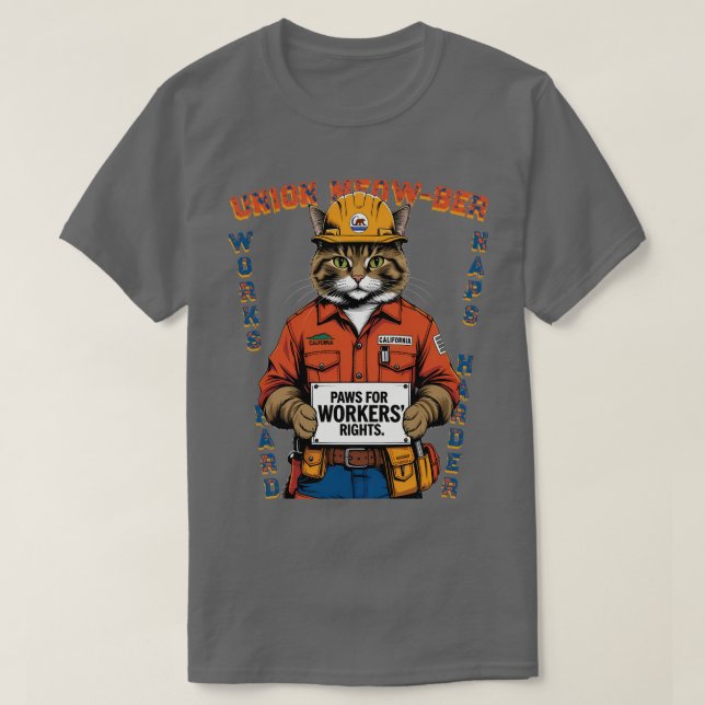 Camiseta Dia do Trabalho de Membro da União de Gato Engraça (Frente do Design)