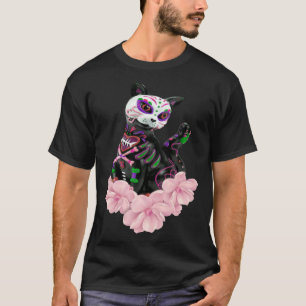Camiseta Dia Dos Mortos Caveira de Açúcar Gato Flores Rosa